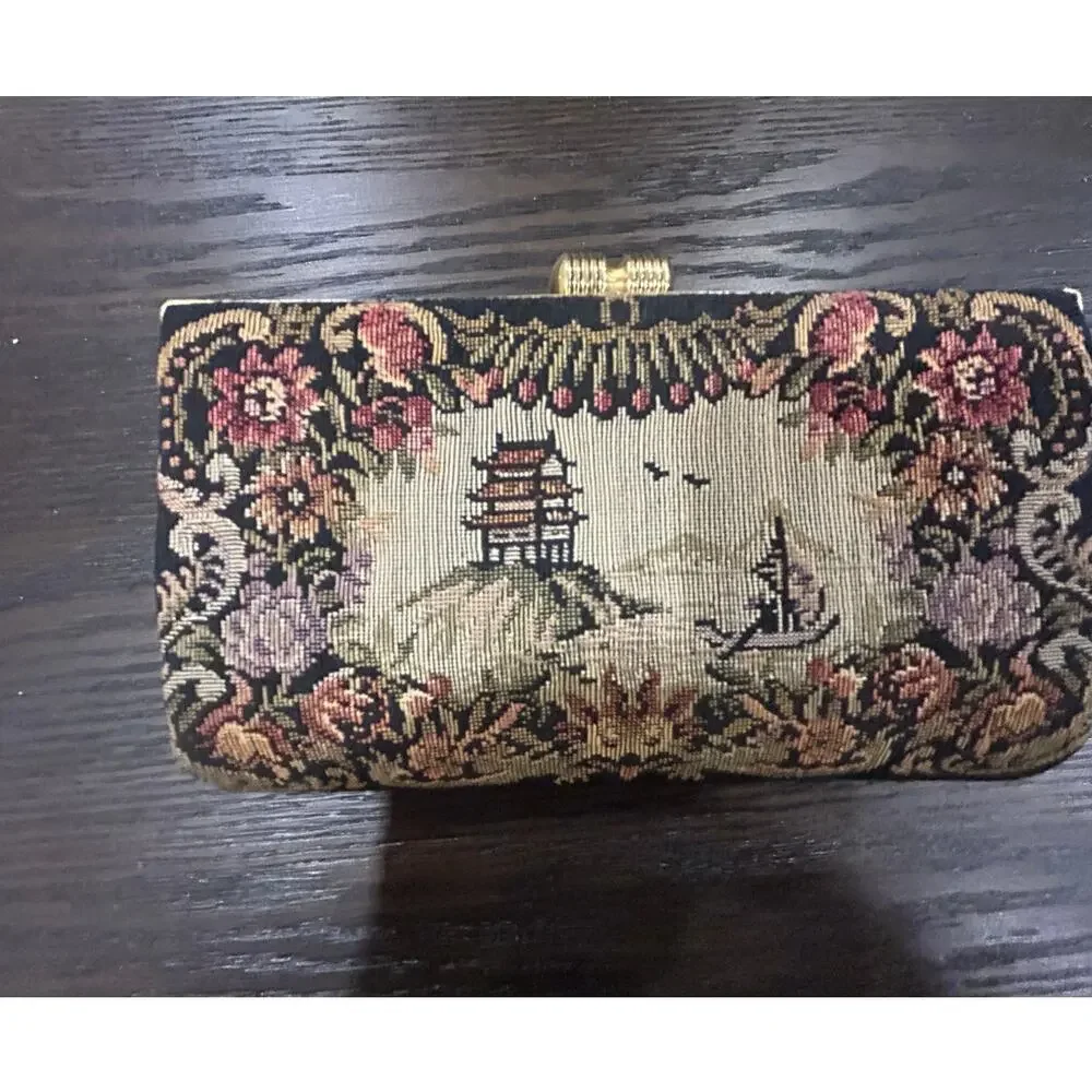 Vintage tapestry clutch asian /floral inspired exotic motif